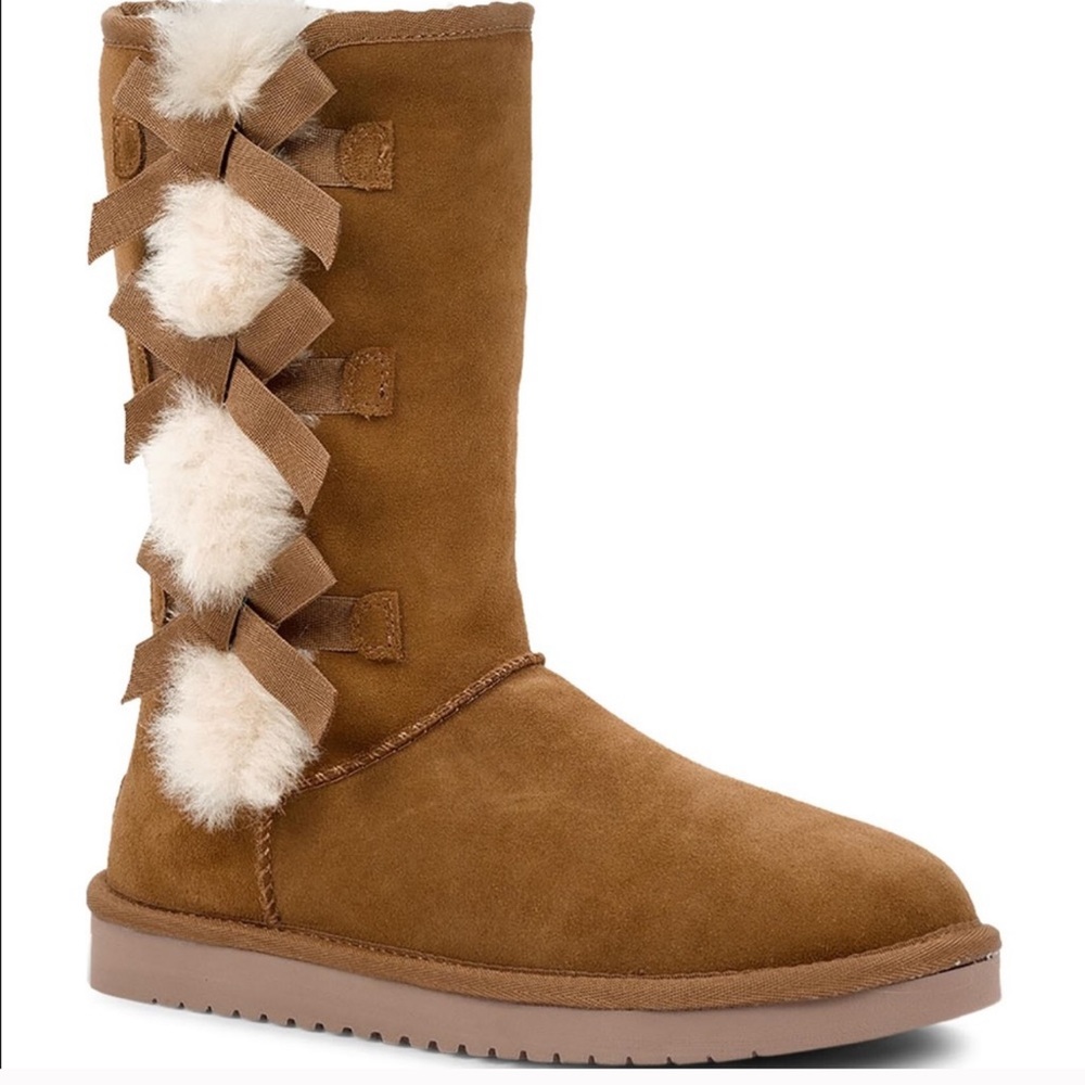 UGG Chestnut Suede Tall Boot with Shearling Pom Bows